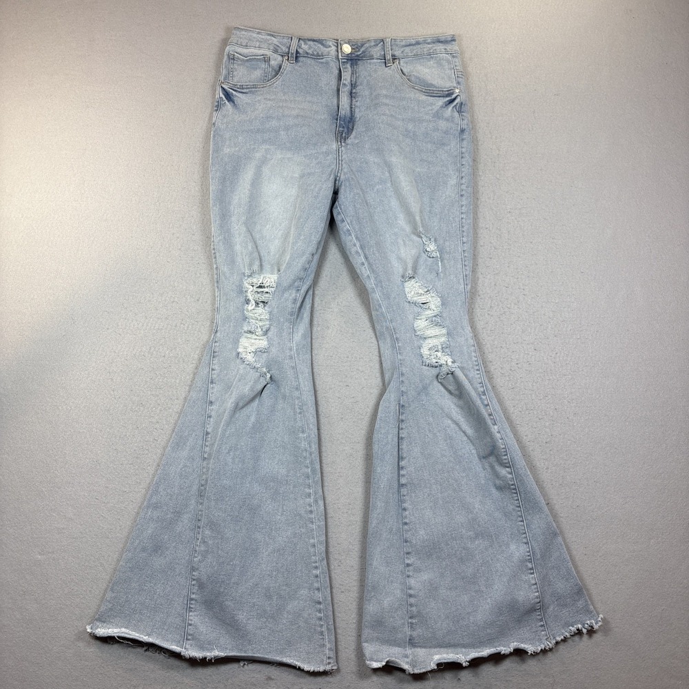 Denim Super Flare High Rise Jeans Womens 13 Blue Distressed Light Wash‎ Raw Hem